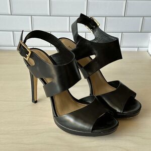 MICHAEL Michael Kors Black Leather Open Toe Buckle Heels - Size 7.5
